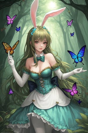 Beautiful girl, dressed as a bunny, in the enchanted forest with butterflies and rabbits