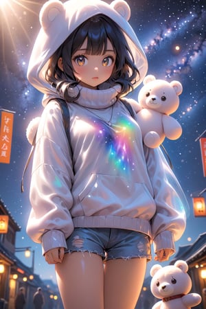 best quality, masterpiece, beautiful and aesthetic, vibrant color, Exquisite details and textures,  Warm tone, ultra realistic illustration,	(cute asian girl, 7year old:1.5),	(The milky way theme:1.4),	cute eyes, big eyes,	(a chic look:1.1),	16K, (HDR:1.4), high contrast, bokeh:1.2, lens flare,	siena natural ratio, children's body, anime style, 	head to thigh portrait,	very long Straight black hair with blunt bangs,	wearing a bear hood, holding a bear doll, shorts, turtleneck,	ultra hd, realistic, vivid colors, highly detailed, UHD drawing, perfect composition, beautiful detailed intricate insanely detailed octane render trending on artstation, 8k artistic photography, photorealistic concept art, soft natural volumetric cinematic perfect light. 