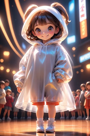 best quality, masterpiece, beautiful and aesthetic, vibrant color, Exquisite details and textures,  Warm tone, ultra realistic illustration,	(cute European girl, 9year old:1.5),	(fashion show theme:1.4), the stage of a fashion show,	cute eyes, big eyes,	(a beautiful smile:1.5),	16K, (HDR:1.4), high contrast, bokeh:1.2, lens flare,	siena natural ratio, children's body, anime style, 	(random view:1.4), (random poses:1.4), 	dark brown ponytail hairstyle with blunt bangs, 	wearing a hoodie, shorts, white turtleneck,	ultra hd, realistic, vivid colors, highly detailed, UHD drawing, perfect composition, beautiful detailed intricate insanely detailed octane render trending on artstation, 8k artistic photography, photorealistic concept art, soft natural volumetric cinematic perfect light. 