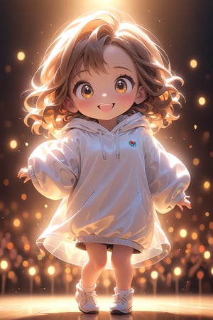 best quality, masterpiece, beautiful and aesthetic, vibrant color, Exquisite details and textures,  Warm tone, ultra realistic illustration,	(Pretty European girl, 6year old:1.5), (Singer theme:1.4), cheering spectators,	cute eyes, big eyes,	(a beautiful smile:1.3),	cinematic lighting, ambient lighting, sidelighting, cinematic shot,	siena natural ratio, children's body, anime style, 	head to thigh portrait,	long Wave brown hair,	wearing a hoodie, shorts, white turtleneck,	ultra hd, realistic, vivid colors, highly detailed, UHD drawing, perfect composition, beautiful detailed intricate insanely detailed octane render trending on artstation, 8k artistic photography, photorealistic concept art, soft natural volumetric cinematic perfect light. 