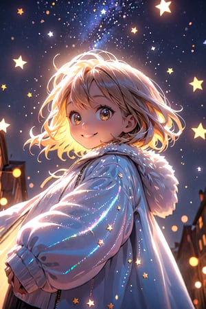 best quality, masterpiece, beautiful and aesthetic, vibrant color, Exquisite details and textures,  Warm tone, ultra realistic illustration,	(cute Nordic girl, 7year old:1.5), (Starlight theme:1.4),	cute eyes, big eyes,	(a beautiful smile:1.5),	16K, (HDR:1.4), high contrast, bokeh:1.2, lens flare,	siena natural ratio, children's body, anime style, 	low angle view,	long length layered bob cut,	wearing white over velvet coat,	ultra hd, realistic, vivid colors, highly detailed, UHD drawing, perfect composition, beautiful detailed intricate insanely detailed octane render trending on artstation, 8k artistic photography, photorealistic concept art, soft natural volumetric cinematic perfect light. 