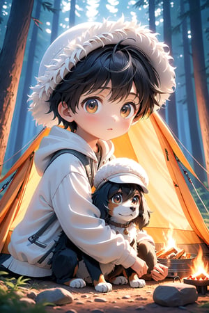 best quality, masterpiece, beautiful and aesthetic, vibrant color, Exquisite details and textures,  Warm tone, ultra realistic illustration,	(cute asian Boy, 5year old:1.5),	(Camping theme:1.4), camping with my dog,	cute eyes, big eyes,	(a chic look:1.1),	cinematic lighting, ambient lighting, sidelighting, cinematic shot,	siena natural ratio, children's body, anime style, 	head to thigh portrait,	wave black hair,	a wearing a beautiful white outfit and furry white hat,	ultra hd, realistic, vivid colors, highly detailed, UHD drawing, perfect composition, beautiful detailed intricate insanely detailed octane render trending on artstation, 8k artistic photography, photorealistic concept art, soft natural volumetric cinematic perfect light. 