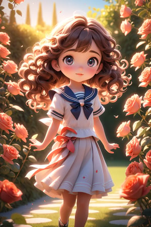 best quality, masterpiece, beautiful and aesthetic, vibrant color, Exquisite details and textures,  Warm tone, ultra realistic illustration,	(Pretty Latino girl, 6year old:1.5),	(rose garden theme:1.4), fluttering petals,	cute eyes, big eyes,	cinematic lighting, ambient lighting, sidelighting, cinematic shot,	siena natural ratio, children's body, anime style, 	(random view:1.4), (random poses:1.4), 	very long curly brown hair, 	wearing a cute Sailor suit,	ultra hd, realistic, vivid colors, highly detailed, UHD drawing, perfect composition, beautiful detailed intricate insanely detailed octane render trending on artstation, 8k artistic photography, photorealistic concept art, soft natural volumetric cinematic perfect light. 