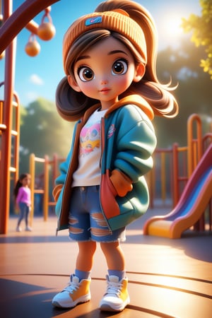 best quality, masterpiece, beautiful and aesthetic, vibrant color, Exquisite details and textures,  Warm tone, ultra realistic illustration,	(Pretty Latino girl, 6year old:1.5),	(playground theme:1.4),	cute eyes, big eyes,	(a surprised look:1.5),	16K, (HDR:1.4), high contrast, bokeh:1.2, lens flare,	siena natural ratio, children's body, anime style, 	(random view:1.4), (random poses:1.4), 	Light Brown ponytail hairstyle,	Oversized jacket, a Beanie,cute t-shirt, half ripped jeans,	ultra hd, realistic, vivid colors, highly detailed, UHD drawing, perfect composition, beautiful detailed intricate insanely detailed octane render trending on artstation, 8k artistic photography, photorealistic concept art, soft natural volumetric cinematic perfect light. 