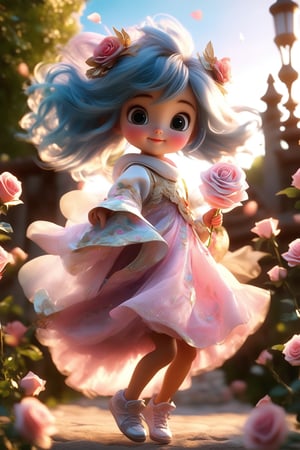 best quality, masterpiece, beautiful and aesthetic, vibrant color, Exquisite details and textures,  Warm tone, ultra realistic illustration,	(cute European girl, 5year old:1.5),	(ancient korea theme:1.4), (rose garden theme:1.4), fluttering petals,	cute eyes, big eyes,	(a gentle smile:1.5),	16K, (HDR:1.4), high contrast, bokeh:1.2, lens flare,	siena natural ratio, children's body, anime style, 	random angles, random poses, 	long Wave hair, (pink|blue hair:1.5), 	wearing a Puppy hood, holding a big cotton candy, shorts, white turtleneck,	ultra hd, realistic, vivid colors, highly detailed, UHD drawing, perfect composition, beautiful detailed intricate insanely detailed octane render trending on artstation, 8k artistic photography, photorealistic concept art, soft natural volumetric cinematic perfect light. 