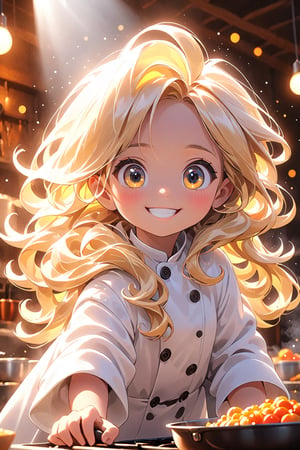 best quality, masterpiece, beautiful and aesthetic, vibrant color, Exquisite details and textures,  Warm tone, ultra realistic illustration,	(cute European girl, 9year old:1.5),	(cooking theme:1.4),	cute eyes, big eyes,	(a beautiful smile:1.3),	16K, (HDR:1.4), high contrast, bokeh:1.2, lens flare,	siena natural ratio, children's body, anime style, 	half body view,	long Wave blonde hair,	a white wool coat,	ultra hd, realistic, vivid colors, highly detailed, UHD drawing, perfect composition, beautiful detailed intricate insanely detailed octane render trending on artstation, 8k artistic photography, photorealistic concept art, soft natural volumetric cinematic perfect light. 