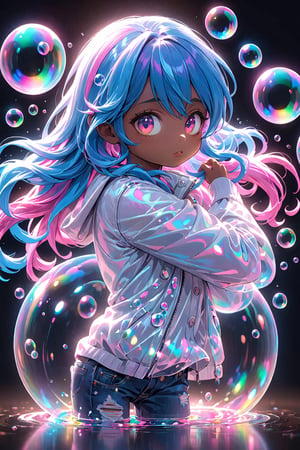 best quality, masterpiece, beautiful and aesthetic, vibrant color, Exquisite details and textures,  Warm tone, ultra realistic illustration,	(cute African- American girl, 6year old:1.5),	(fantasy theme:1.4), beautifully sparkling soap bubbles, little rainbows,	cute eyes, big eyes,	(an angry look:1.1),	16K, (HDR:1.4), high contrast, bokeh:1.2, lens flare,	siena natural ratio, children's body, anime style, 	head to thigh portrait,	long Wave hair, (pink|blue hair:1.5), 	wearing a jean jacket and jeans,	ultra hd, realistic, vivid colors, highly detailed, UHD drawing, perfect composition, beautiful detailed intricate insanely detailed octane render trending on artstation, 8k artistic photography, photorealistic concept art, soft natural volumetric cinematic perfect light. 
