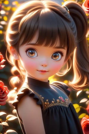 best quality, masterpiece, beautiful and aesthetic, vibrant color, Exquisite details and textures,  Warm tone, ultra realistic illustration,	(cute Russia girl, 6year old:1.5),	(rose garden theme:1.4), fluttering petals,	cute eyes, big eyes,	16K, (HDR:1.4), high contrast, bokeh:1.2, lens flare,	siena natural ratio, children's body, anime style, 	(random view:1.4), (random poses:1.4), 	dark brown ponytail hairstyle with blunt bangs, 	black dress with tiny gold lines,	ultra hd, realistic, vivid colors, highly detailed, UHD drawing, perfect composition, beautiful detailed intricate insanely detailed octane render trending on artstation, 8k artistic photography, photorealistic concept art, soft natural volumetric cinematic perfect light. 