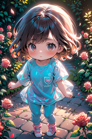 best quality, masterpiece, beautiful and aesthetic, vibrant color, Exquisite details and textures,  Warm tone, ultra realistic illustration,	(cute asian baby girl, 4year old:1.5),	(rose garden theme:1.4), fluttering petals,	cute eyes, big eyes,	(a tearful look:1.2),	cinematic lighting, ambient lighting, sidelighting, cinematic shot,	siena natural ratio, children's body, anime style, 	a picture from a high angle, a view from above,	long Wave dark brown hair,	wearing a white and blue T-shirt, white and blue PUMA sweatpants,	ultra hd, realistic, vivid colors, highly detailed, UHD drawing, perfect composition, beautiful detailed intricate insanely detailed octane render trending on artstation, 8k artistic photography, photorealistic concept art, soft natural volumetric cinematic perfect light. 