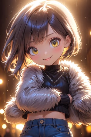 best quality, masterpiece, beautiful and aesthetic, vibrant color, Exquisite details and textures,  Warm tone, ultra realistic illustration,	(cute Ukraine girl, 7year old:1.5),	(night theme:1.4),	cute eyes, big eyes,	(a gentle smile:1.4),	16K, (HDR:1.4), high contrast, bokeh:1.2, lens flare,	siena natural ratio, children's body, anime style, 	head to thigh portrait,	Dark Chocolate Short bob cut with blunt bangs,	fur trimmed jacket, crop top, denim shorts, 	ultra hd, realistic, vivid colors, highly detailed, UHD drawing, perfect composition, beautiful detailed intricate insanely detailed octane render trending on artstation, 8k artistic photography, photorealistic concept art, soft natural volumetric cinematic perfect light. 