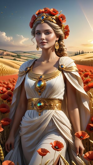best quality, masterpiece,	
Amidst a field of golden wheat, Demeter, clad in a gown that swirls with rococo elegance and the richness of the earth, embodies the bountiful harvest. Her serene smile brings forth abundance, as poppies and cornucopias surround her, celebrating her gift of agriculture.

ultra realistic illustration, siena natural ratio, ultra hd, realistic, vivid colors, highly detailed, UHD drawing, perfect composition, ultra hd, 8k, he has an inner glow, stunning, something that even doesn't exist, mythical being, energy, molecular, textures, iridescent and luminescent scales, breathtaking beauty, pure perfection, divine presence, unforgettable, impressive, breathtaking beauty, Volumetric light, auras, rays, vivid colors reflects.,LegendDarkFantasy,Roman