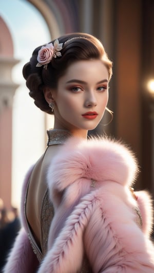 best quality, masterpiece,	
For a beautiful Canadian girl with black bun hair, envision her draped in a contemporary reinterpretation of light pink fur, delicately infused with Art Nouveau's love for rose motifs. Her attire harks back to the sophisticated elegance of the 1940s Hollywood style, where the softness of the fur complements the structural beauty of her hairstyle, reminiscent of the era's cinematic glamour. Against a backdrop that merges the flowing lines of Art Nouveau with the stark elegance of 1940s Hollywood, she stands as a timeless figure, her ensemble a testament to the enduring appeal of luxurious simplicity and the subtle power of natural beauty.

ultra realistic illustration,siena natural ratio, by Ai Pic 3D,	16K, (HDR:1.4), high contrast, bokeh:1.2, lens flare,	half body view,	Mysterious, ultra hd, realistic, vivid colors, highly detailed, UHD drawing, pen and ink, perfect composition, beautiful detailed intricate insanely detailed octane render trending on artstation, 8k artistic photography, photorealistic concept art, soft natural volumetric cinematic perfect light