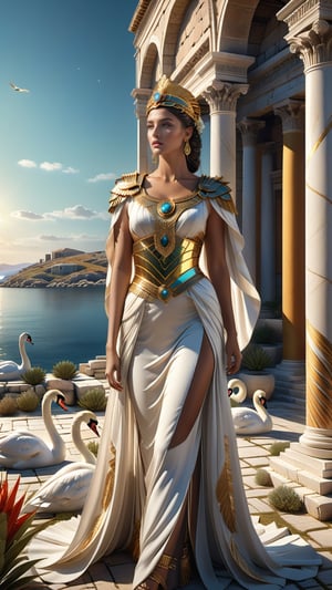 best quality, masterpiece,	
In the sacred island of Delos, Leto stands with grace, her attire a fusion of rococo splendor and simplicity, reflective of her nurturing nature. Palms and swans gather by her side, as she embodies the calm and resilience of a mother's love.

ultra realistic illustration, siena natural ratio, ultra hd, realistic, vivid colors, highly detailed, UHD drawing, perfect composition, ultra hd, 8k, he has an inner glow, stunning, something that even doesn't exist, mythical being, energy, molecular, textures, iridescent and luminescent scales, breathtaking beauty, pure perfection, divine presence, unforgettable, impressive, breathtaking beauty, Volumetric light, auras, rays, vivid colors reflects.,LegendDarkFantasy,Roman