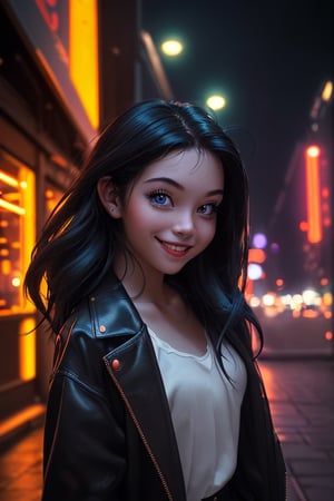 Masterpiece Photograph of a happy girl in a dark city, leica photography, detailed rendering in a city, street style, medium shot, upper body, colorful lighting, dreamy vibe 