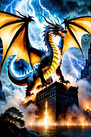 massive dragon at least 500 ft tall. standing on hind legs with wings of fire spread out wide. down at his feet is a medieval town. night. magical mist with magical lightning swirls inside the mist all around the dragons body. ultra realistic, centered. golden composition. extremely detailed, 