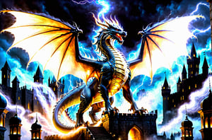 massive dragon at least 500 ft tall. standing on hind legs with wings of fire spread out wide. his scales are like diamonds. down at his feet is a medieval town. night. magical mist with magical lightning swirls inside the mist all around the dragons body. ultra realistic, centered. golden composition. extremely detailed, 