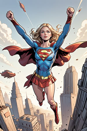 23 year old Supergirl Floating in the air,  (white background:1.3), modern comic book illustration, graphic illustration, comic art, graphic novel art, vibrant, highly detailed, in the style of lanfeust of troy, art by Didier Tarquin