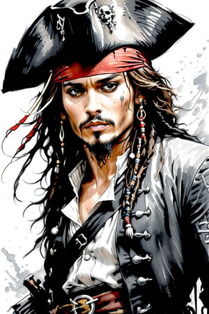Captain Jack Sparrow, sketch art style, charcoal lines, strong blacks, highly detailed linework reminiscent of Carne Griffiths, imbued with Wadim Kashim's texture, light and airy as Carl Larsson's compositions, pirate captain, hat, hair, wind, sea, motion, wind, heavy rain, featuring Pascal Blanche-style hyper-realistic characters, pastel, elegance, dramatic lighting, greyscale, expressive camera angle, matte, concept art, disintegrating