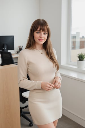 RAW Photo, DSLR BREAK a young woman with bangs, (light smile:0.8), (smile:0.5), wearing stylish secretary outfit, (looking at viewer), focused, (modern and cozy office space), design agency office, spacious and open office, Scandinavian design space BREAK detailed, natural light