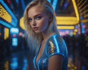 (Cinematic Photo:1.3) of (Ultra detailed:1.3) young teen white female model blonde hair blue eyes long falsie eyelashes, beautiful face wearing skintight miniskirt with circuitry and neon lights on it,she has wide hips, squatting in futuristic city street surrounded by yellow neon lights its raining intricate details, shot from behind, low angle view, low angle shot, detailed textures, sharp focus, ultra-high pixel detail, intricate, realistic, high-quality, full colors, incredibly detailed, 16k, hyper-realistic, RAW photo, masterpiece, ultra-detailed, professional photography,Highly Detailed