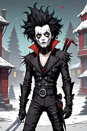 (Cute edward scissorhands:1.3), 2d, comic book, masterpiece, snowing, (Christmas:1.2), black and red, (in the syle of Tim Burton:1.2)