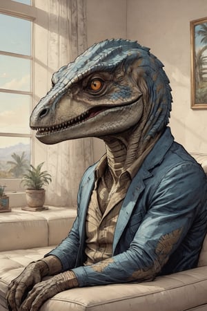 (Highly detailed and hyper-realistic painting portrait:1.3) of a (cute Velociraptor:1.4) lounging on a white leather sofa in Tanzania,  looking at the viewer,  minimalistic furniture,  game of shadows,  well lit,  halogen lamp, BREAK vaporwave aesthetics, (upper body shot:1.2), sunny lighting, (bright atmosphere and vivid colors:1.2), eye level, the savannah outside the window, BREAK muted colours, (extremely realistic and accurate:1.4), league of legends, BREAK muted colours, octane render, intricate, ultra-realistic, elegant, highly detailed, digital painting, artstation, concept art, smooth, sharp focus, illustration, (bizarre and eclectic:1.5), three-quarters view, sharp hard lines, brush strokes,ink panting, style by Anna Bocek, Charlie Bowater, ink, DonMn1ghtm4reXL,gbaywing,comic book,on parchment