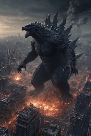  Godzilla destroying a huge city, humans in panick. Explosions, debris, smashed cars.  image from aeriel view. Midnight, dark colours, bloody atmosphere, panicking humans.
 ,Movie Still,make_3d, more detail XL,monster,biopunk style,Film Still,greg rutkowski