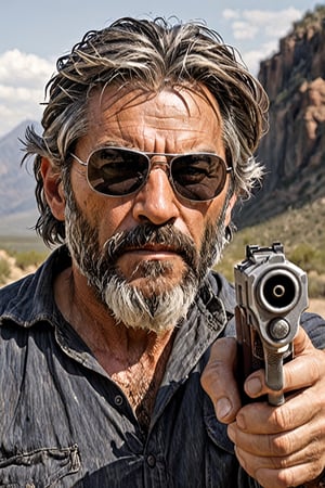 Visualize a hard-boiled, middle-aged man with a steely gaze, clad in sunglasses, and holding a pistol with a firm grip. His hair, a mix of white and gray, is tousled, and his beard adds to his rugged appearance. With a weathered face that tells tales of a life lived on the edge, he exudes an air of authority and experience,gunatyou,photo_b00ster