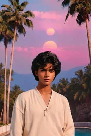 (Masterpiece, best quality), 1boy (Extreamly handsome, dark tan skin, 1980s fahion and style), Sunset behind him, palm trees, looking at viewer, contrast, 1980's aesthetic, ultra high texture, high quality, Puffy black hair, photorealistic, hyperdetailed, sharp focus, HDL, 64 megapixels, 8K resolution concept art, smooth, sharp focus, illustration, rich deep colors.,hongkong 80s,xxmixgirl,more detail XL,aw0k euphoric style