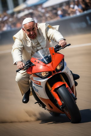 (Fisheye photograph:1.3) of (Pope Francis:1.5), (extreme resemblance:1.4), (full body/full-frame shot:1.2), (riding a big Honda NSR250 at full speed:1.3), cinematic lighting, eye level, (motion blur:1.3), (shot on GoPro Hero:1.4), Fujicolor Pro film, (low-contrast:1.4), in the style of Miko Lagerstedt/Liam Wong/Nan Goldin/Lee Friedlander, BREAK (photorealistic:1.3), vignette, highest quality, detailed and intricate, original shot,action shot,real_booster, more detail XL, no humans,action shot