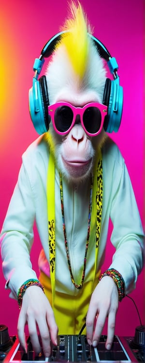 Mischievous albino ape DJ, wearing colorful fashion clothes, DJ Eye glass, headphone on head, hyper realistic, bird eye view, ultra-detailed, best quality,Movie Still, neon background, in club party