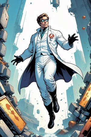 A scientist super hero, wearing a white lab coat, Floating in the air,  (white background:1.3), modern comic book illustration, graphic illustration, comic art, graphic novel art, vibrant, highly detailed, in the style of lanfeust of troy, art by Didier Tarquin