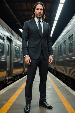 (8K,  raw photo,  highest quality,  Masterpiece: 1.2),  Keanu Reeves as John Wick standing at the train station,  ((standing at the train station)),  full-body view,  perfect pose, full eye-contact with the viewer,  (((wearing black suit)),  ((accurate anatomical body and hands))),  long hair,  smart painting,  cool,  focus on detailed face,  perfect proportions,  fractal art,  dynamic angles, 
the photo is taken from the front with the camera aiming straight at the man,  the composition is perfectly focused on the man's attention,gunatyou