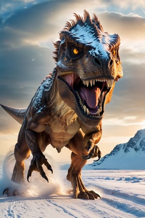 raw photography stunning shot ,(Realistic of an  extinct dinosaur 20000 BC), energy assembled, layered, depth, alive vibrant, ((very large rugged body)), no humans, ((sharp teeth, angry eyes, huge tail)), (magical atmosphere), (Big body), running in the snow scene, soft light golden time), beauty snowy Atlantic background, superb realistic ray light shadow,