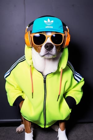 Mischievous soft floppy eared dog DJ, has four distinct freckles on snout, wearing ADIDAS fashion Track suit and matching bucket hat, DJ Eye glass, headphones on head, hyper realistic, bird eye view, ultra-detailed, best quality,Movie Still, neon background, in club party