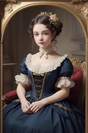 there is a young girl in a dress and a flower in her hair, victorian style costume, victorian blue dress, inspired by Alice Prin, lovely languid princess, portrait of princess, princess portrait, portrait of a princess, inspired by Sophie Gengembre Anderson, young victorian sad fancy lady, victorian dress, young girl in steampunk clothes, gothic princess portrait