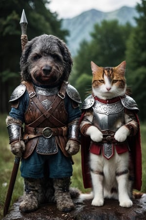 cinematic photo of a labradoodle and a cat both with anthropomorphic humanoid body, dressed as viking warriors with viking armor and weapons, high detail, hyper realistic. 35mm photograph, film, bokeh, professional, 4k, highly detailed, Cnd
