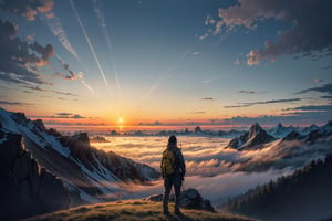 A hiker viewing the sun at the top of a hill, sunset, yellow and black contrast, mountains, misty, foggy, eerie, blue hour, cinematic, masterpiece, best quality, high resolution