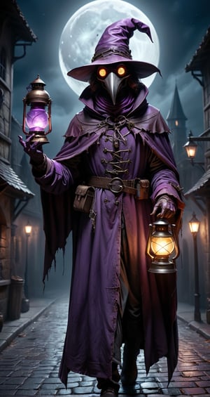 purple Plague Doctor,
in dark medieval street, creepy atmosphere, dark moon night, holding lantern and potion,

hype realistic cover photo awesome full color, Cinematic, (hyper detail), perfect anatomy,
,more detail XL, (Unparalleled Masterpiece),(Ultra High Definition),(Ultra-Realistic 8k CG),