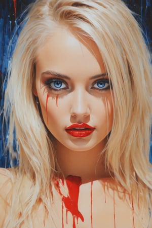 Blood painting, portrait of 1 model blonde woman, dynamic lighting, Ultra high definition, reflections, sharp focus, intense shadows, detailed and intricate environment, intricate painting, captivating, extraordinary, phenomenal, remarkable, aesthetic, artistic, charming, sophisticated, beautiful, exquisite, breathtaking, masterpiece, best quality, ultra detailed, extremely realistic, beautiful extremely detailed eyes, eyelashes, perfecteyes,dripping paint, blue eyes,(crying blood)