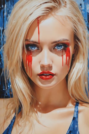Blood painting, portrait of 1 model blonde woman, dynamic lighting, Ultra high definition, reflections, sharp focus, intense shadows, detailed and intricate environment, intricate painting, captivating, extraordinary, phenomenal, remarkable, aesthetic, artistic, charming, sophisticated, beautiful, exquisite, breathtaking, masterpiece, best quality, ultra detailed, extremely realistic, beautiful extremely detailed eyes, eyelashes, perfecteyes,dripping paint, blue eyes,(crying blood out of eyes)