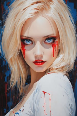 Blood painting, portrait of 1 model blonde woman, dynamic lighting, Ultra high definition, reflections, sharp focus, intense shadows, detailed and intricate environment, intricate painting, captivating, extraordinary, phenomenal, remarkable, aesthetic, artistic, charming, sophisticated, beautiful, exquisite, breathtaking, masterpiece, best quality, ultra detailed, extremely realistic, beautiful extremely detailed eyes, eyelashes, perfecteyes,dripping paint, blue eyes, (rying blood)
