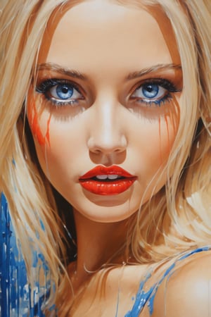 Blood painting, portrait of 1 model blonde woman, dynamic lighting, Ultra high definition, reflections, sharp focus, intense shadows, detailed and intricate environment, intricate painting, captivating, extraordinary, phenomenal, remarkable, aesthetic, artistic, charming, sophisticated, beautiful, exquisite, breathtaking, masterpiece, best quality, ultra detailed, extremely realistic, beautiful extremely detailed eyes, eyelashes, perfecteyes,dripping paint, blue eyes,