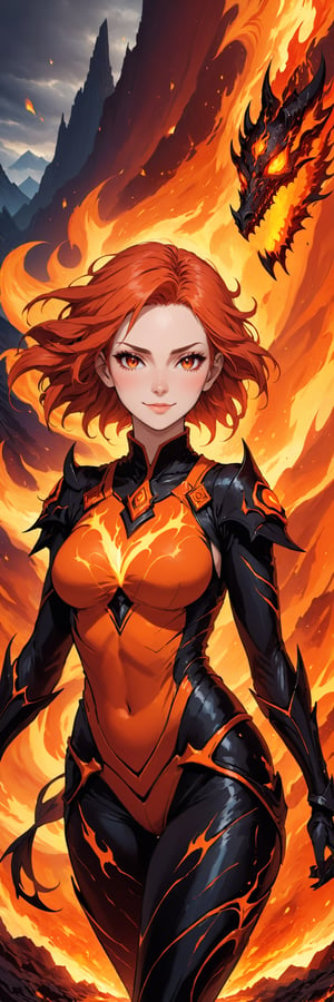 fyre colors close up picture about demonic female as a game character, we see incredibly beautiful creation with evil smile, she is a magma creation, very beautiful and dangerous also, cooled magma is her clothes, dystopic landscape, (((masterpiece))), e, (((manga style))), insanely detailed, (((masterpiece))), best quality, 8k, ultra high res, High contrast and low saturation, by badabum27