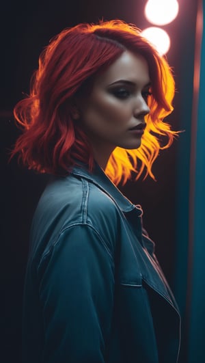 create a picture of woman in grunge style, cinemtic lighting, contrast color palette, by Aldridge	Miles, trending on Artstation, artgerm, fashion photoshot, taken_from_behind