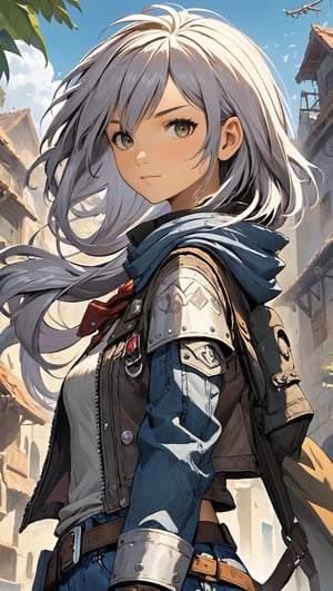 highly detailed illustration in anime style, rpg style, beautiful young woman, 20 years old, metallic silver hair, casual shirt, leather jacket, jeans, boots, ultra detailed face, (very detailed hair), rebels shelter background, fusion of final fantasy videogame and dungeon & dragons realm, high contrast, flat colors, cel shaded, by Richard Anderson,Magical Fantasy style,3d toon style,portraitart