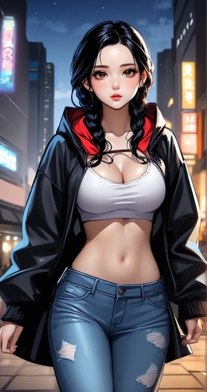 1 young woman, beautiful and attractive and seductive, high detailed jacket with hood, hood on the head, bra under the hood, jeans, dynamic pose, black hair with braid, pale orihalk eyes, dark colors. high contrast, detailed night city background, masterpiece, high quality, (((4K))), fushion of cartoon and korean comic styles, influence by the best comic artists, by badabum27,ULTIMATE LOGO MAKER [XL],LOGO,Decora_SWstyle
