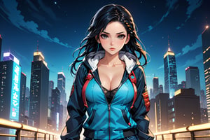 1 young woman, beautiful and attractive and seductive, high detailed jacket with hood, hood on the head, bra under the hood, jeans, dynamic pose, black hair with braid, pale orihalk eyes, dark colors. high contrast, detailed night city background, masterpiece, high quality, (((4K))), fushion of cartoon and korean comic styles, influence by the best comic artists, by badabum27,ULTIMATE LOGO MAKER [XL],LOGO,Decora_SWstyle