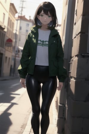 black hair, 1girl, green eyes,  green jacket, black leggins, black trousers, medium hair, green_eyes, winter clothes, standing,WideHipsDef, facing_viewer, frontal, front, simple_background, no_background, empty_background