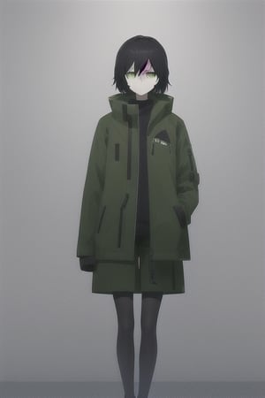black hair, 1girl, green eyes, green jacket, winter clothes, standing